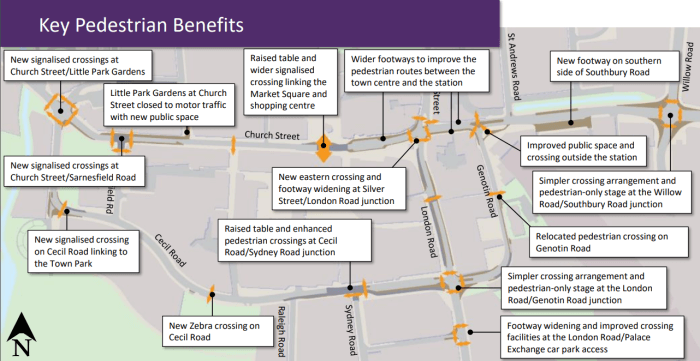 enfield town projects map showing key pedestrian benefits 700px