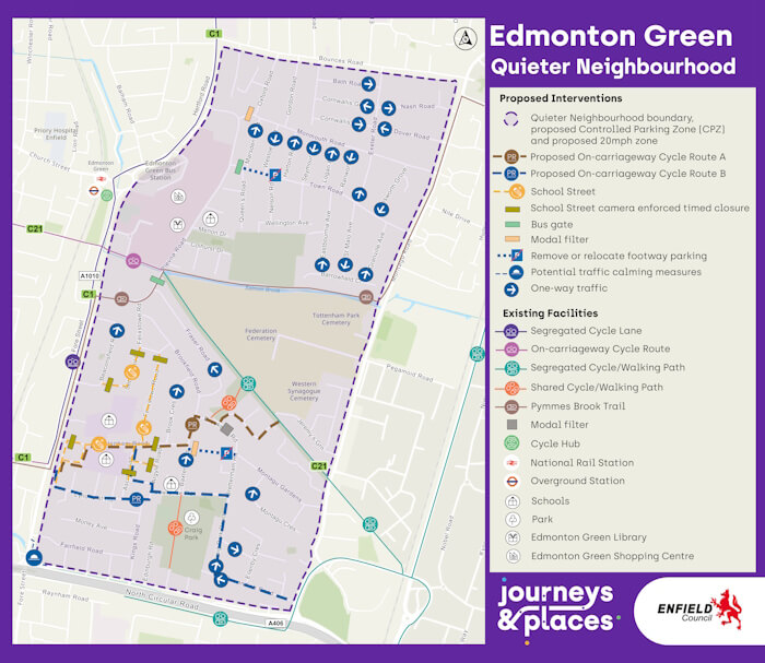 map of proposed interventions to create the edmonton green quieter neighbourhood jan 2024