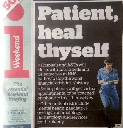 front page story in i newspaper about nhs cuts