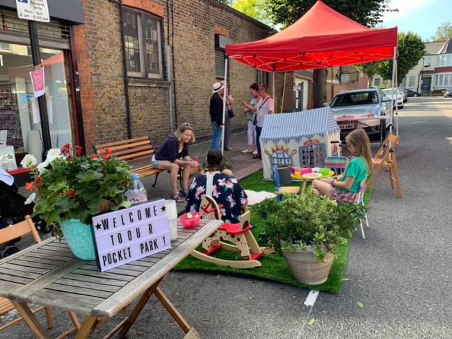 photograph of pop-up parklet in devonshire road palmers green in september 2019