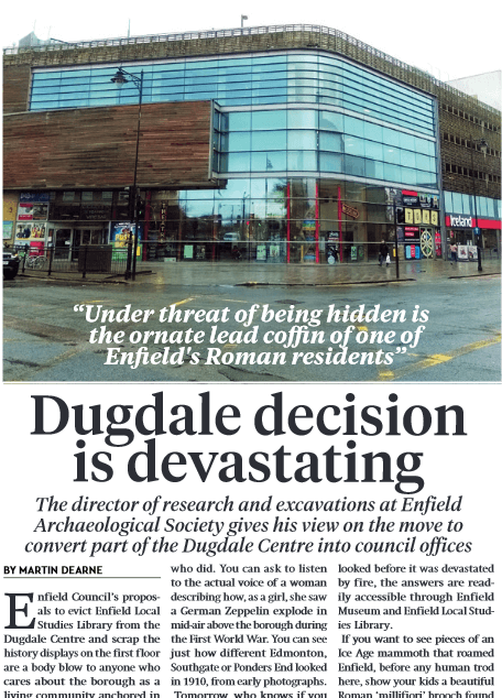 Enfield Dispatch headline about the Dugdale Centre