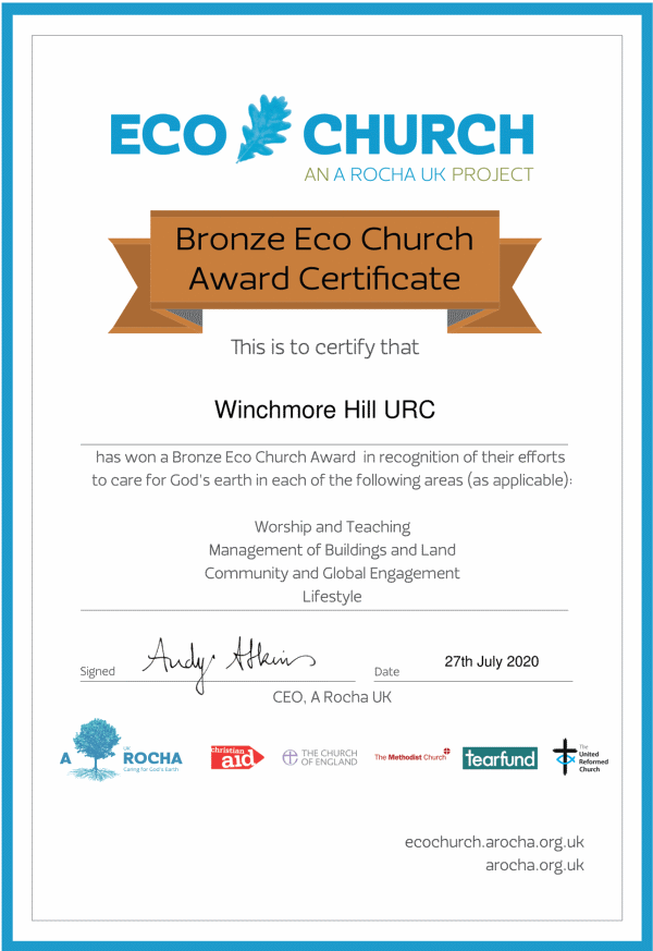 eco church certificate winchmore hill urc