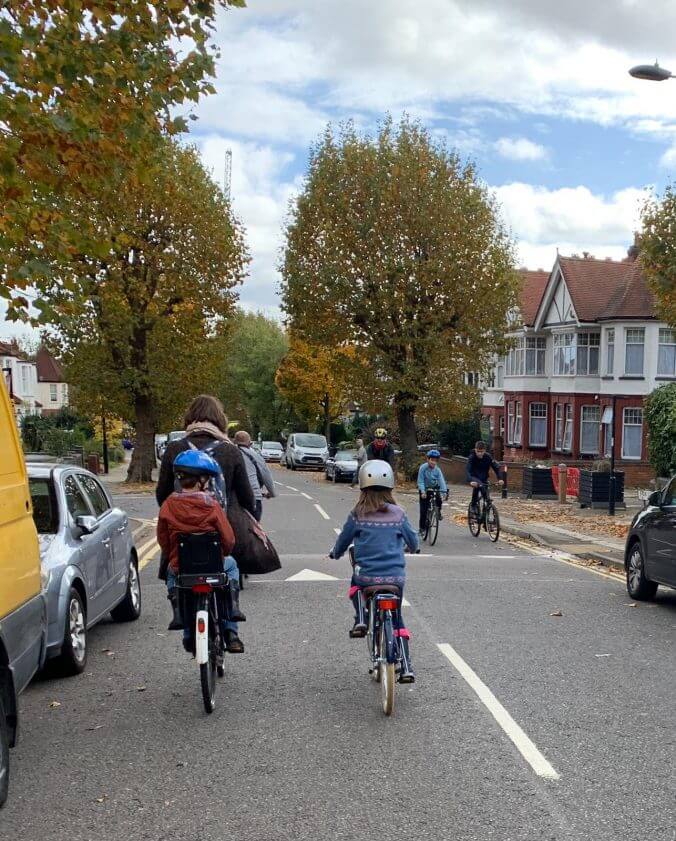 Families cycle on Fox Lane 2020