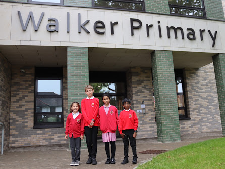 Pupils in front of Walker Primary School