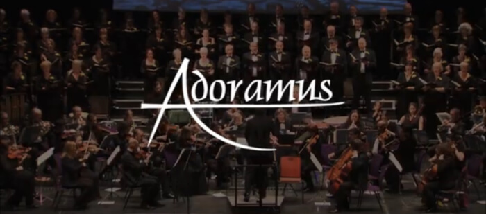 adoramus logo superimposed on photo of choir and orchestra