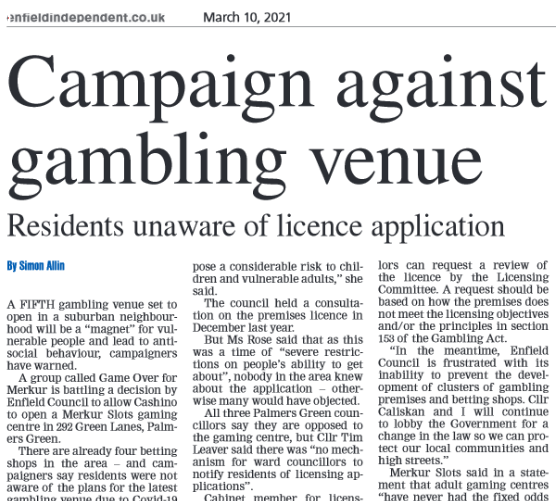 campaign against gambling venue headline
