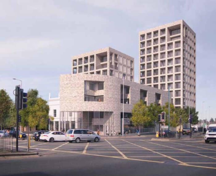 cgi of proposed mixed development at site of former cock in palmers green