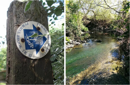 pymmes brook trail waymark and photo of part of the river