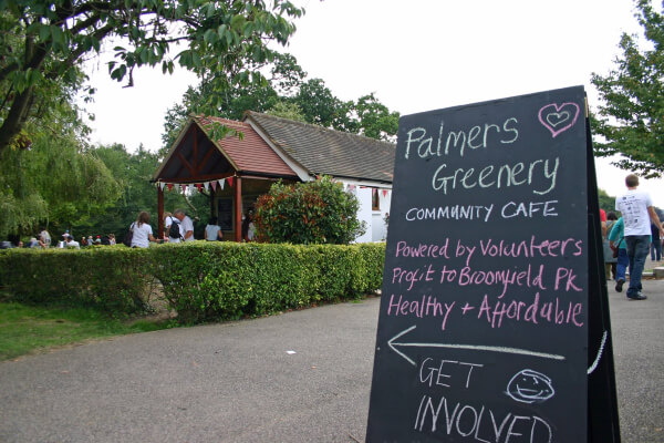 blackboard outside palmers greenery café in broomfield park