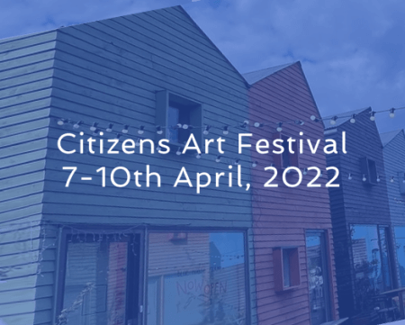 advert for the citizens art festival showing buildings in blue house yard