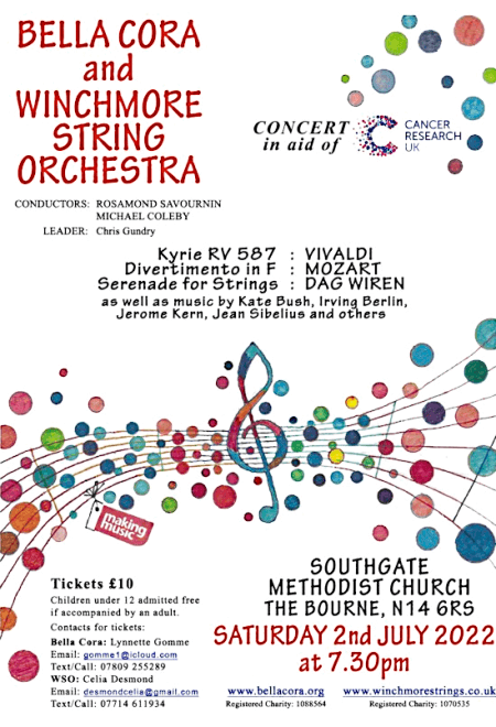 poster or flyer advertising event Bella Cora & Winchmore String Orchestra: Concert in aid of Cancer Research UK