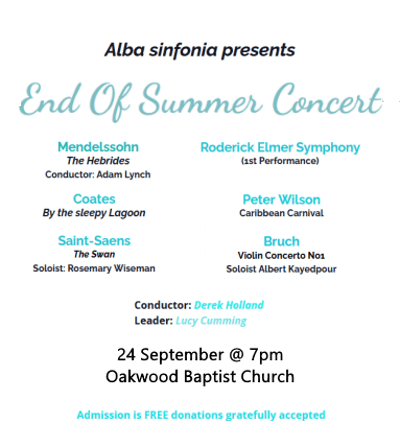 poster or flyer advertising event Alba Sinfonia: Music by Roderick Elmer, Mendelssohn, Bruch and Eric Coates