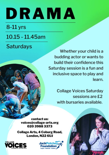 poster or flyer advertising event Collage Voices: Saturday sessions for kids to learn acting skills and build confidence