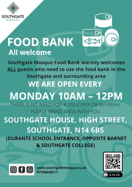 poster or flyer advertising event Foodbank at Southgate Mosque - no referral needed