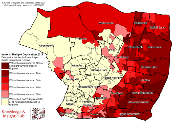 map showing index of multiple deprivation by lsoa for enfield borough