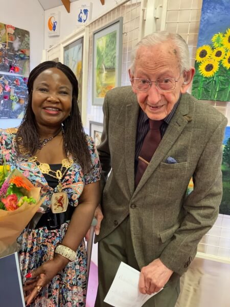 mayor of enfield doris jiagge with enfield art circle member laurence warby at the opening of the 2022 exhibition