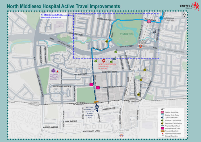 overview map of north middlesex hospital active travel improvements