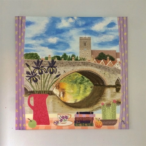 painting of a bridge and church seen through an imaginary house window by mary horsfield