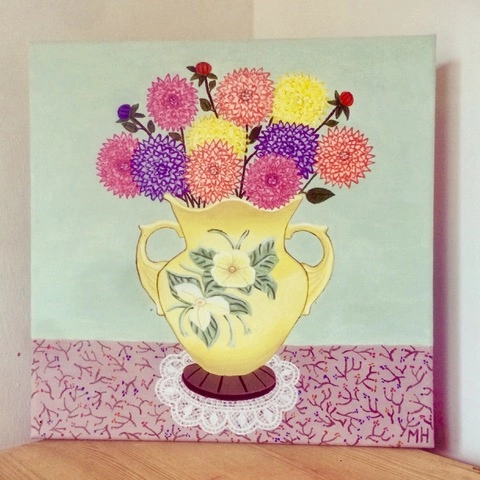 painting of crysanthemums in a yellow vase by mary horsfield