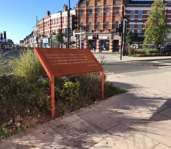 palmers green triangle showing new stevie smith memorial by ruth hallgarten
