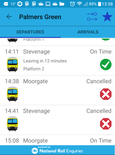 screenshot cancellations on rail services through palmers green