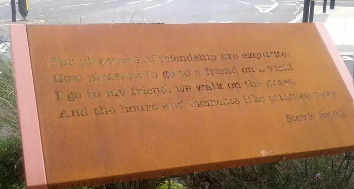 stevie smith poem enscribed on metalwork by Ruth Hallgarten at palmers green triangle 1