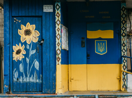 ukrainian symbols painted on a house door