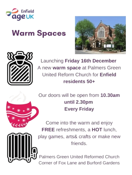 poster or flyer advertising event Warm Spaces: Palmers Green United Reformed Church