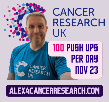 photo of alex atherton with wording 100 push ups a day nov 23 cancer research uk
