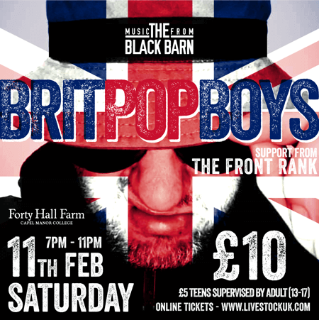 poster or flyer advertising event Music from the Black Barn: Britpop Boys + The Front Rank