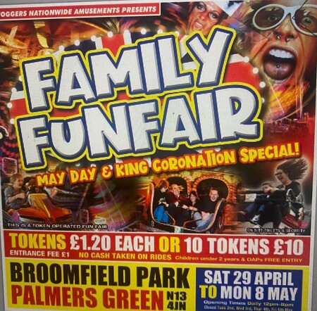 poster or flyer advertising event Coggers Funfair in Broomfield Park
