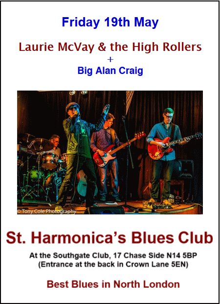poster or flyer advertising event St Harmonica\'s Blues Club: Laurie McVay & the High Rollers + Big Alan Craig