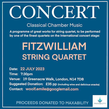 poster or flyer advertising event Concert by the Fitzwilliam String Quartet in aid of Maxability