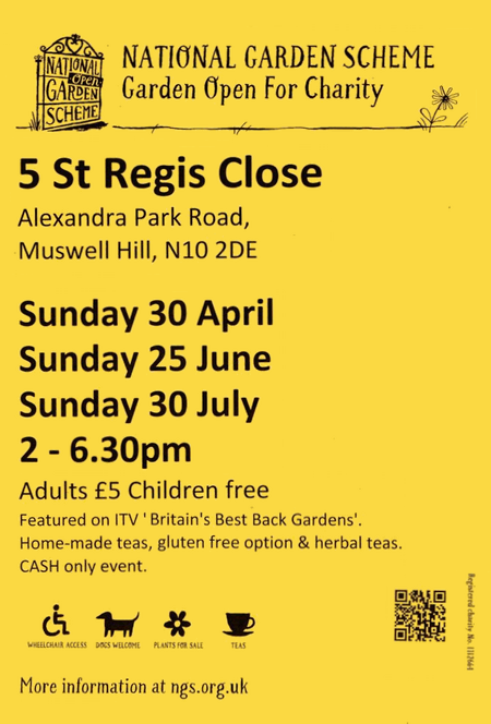 poster or flyer advertising event NGS open garden: Regis Close N10