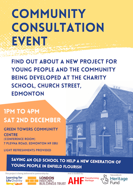 poster or flyer advertising event Consultation event: Edmonton Charity School project