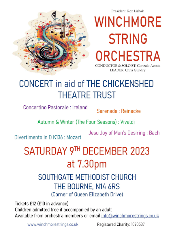 poster or flyer advertising event Winchmore String Orchestra: Concert in aid of the Chickenshed Theatre Trust