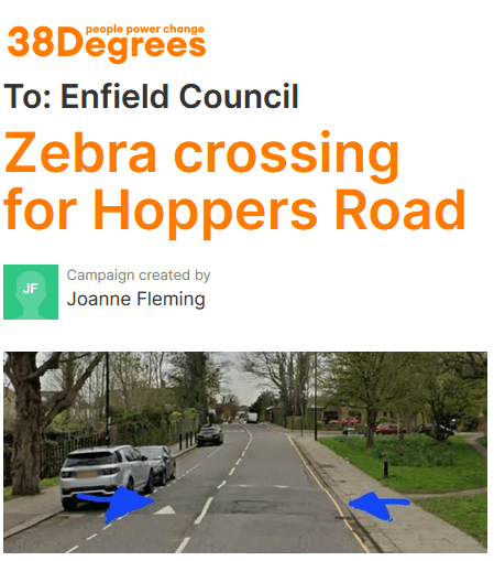 38 degrees petition a zebra crossing for hoppers road