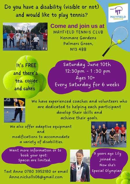 poster or flyer advertising event Free disability tennis coaching session (start of 6-week course)