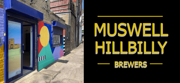 photo of arbeit studios palmers green juxtaposed with logo of muswell hillbilly brewery