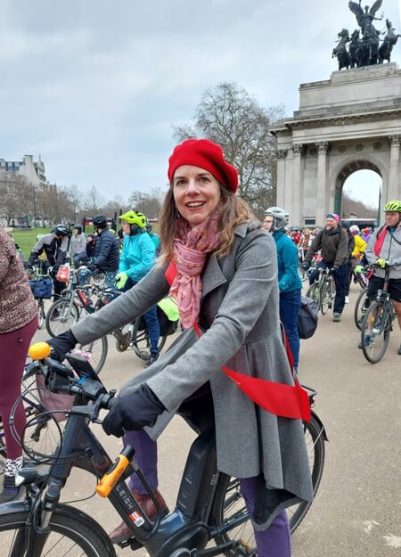 clare rogers on e-bike at marble arch during women's freedom ride