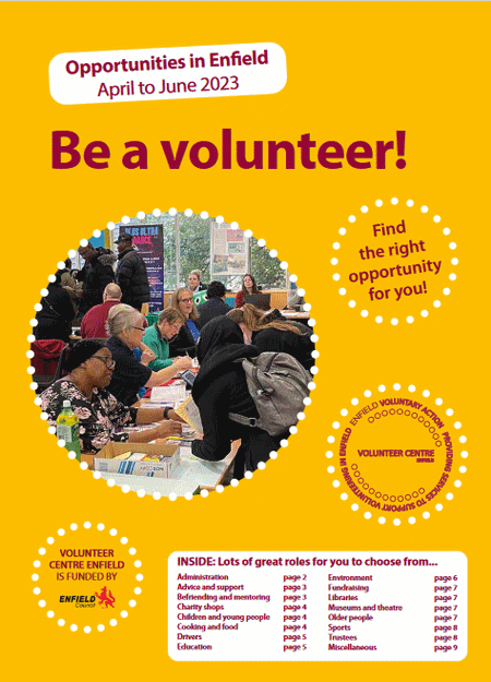 cover of volunteer opportunities in enfield april to june 2023