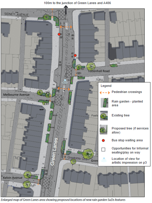 map showing proposed suds scheme in green lanes south of a406