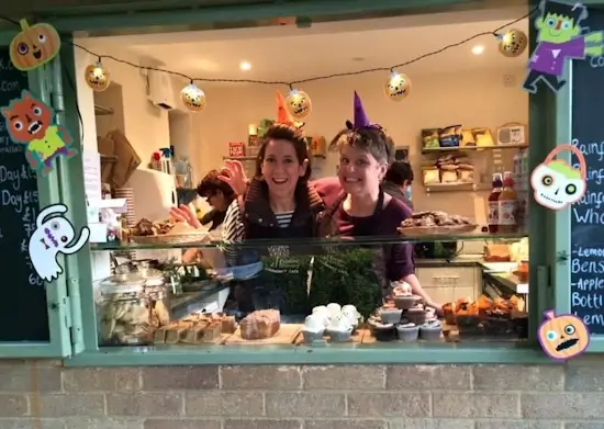open hatch of palmers greenery community cafe with halloween decorations