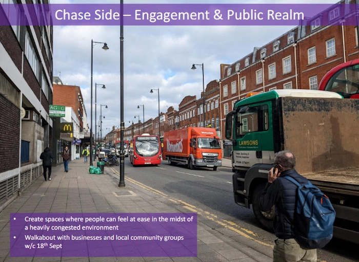 photograph of chase side southgate with text about public realm improvements create space where people can feel at ease
