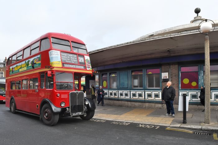 preserved rt bus at southgate station during station anniversary celebrations