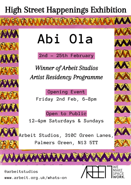 poster or flyer advertising event High Street Happenings: Exhibition of art by Abi Ola