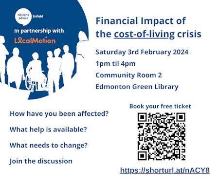 poster or flyer advertising event Citizens Advice Enfield: Financial impact of the cost-of-living crisis