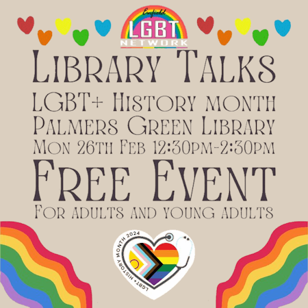 poster or flyer advertising event LGBT+ history talk at Palmers Green Library