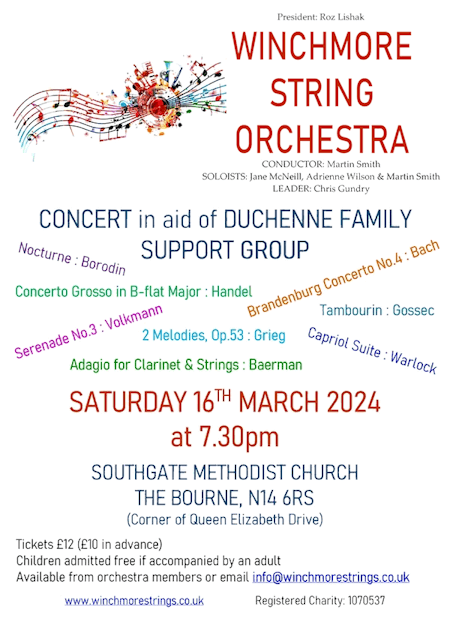 poster or flyer advertising event Winchmore String Orchestra: Concert in aid of Duchenne Family Support Group