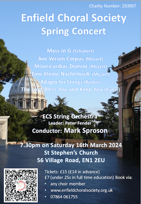 poster or flyer advertising event Enfield Choral Society Spring Concert
